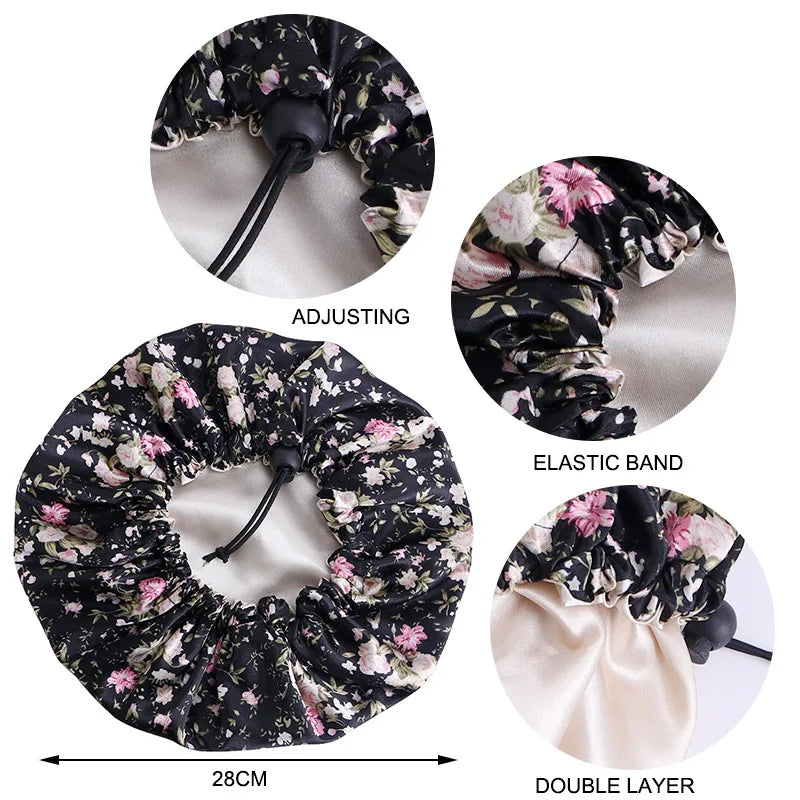 Double Layer Satin Silk Sleep Bonnet for Kids Hair Protect Hair Scarf Floral Sleep Night Cap Beanie for Children Girls Boys Hat