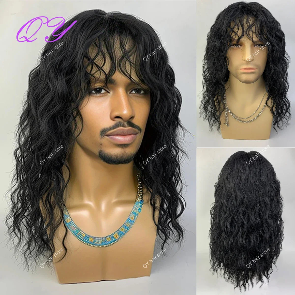 Synthetic Men's Wig Long Brown Natural Curly Rock Man Wig