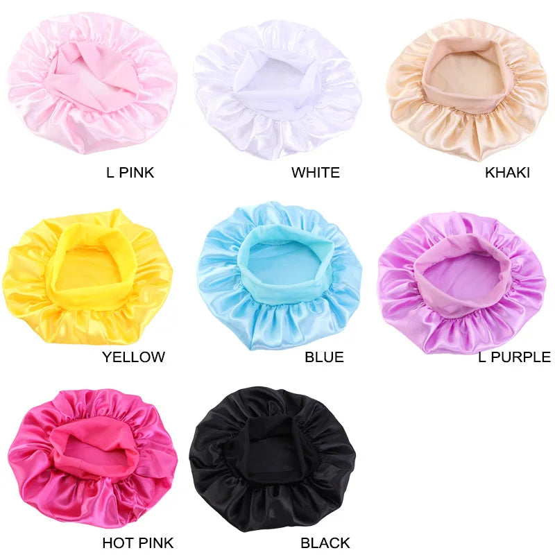 2022 New Kids Satin Bonnet Wide Elastic Band Sleep Cap Hair Bonnet Silky Shower Caps for Girls Toddler Child