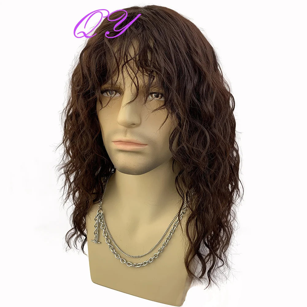 Synthetic Men's Wig Long Brown Natural Curly Rock Man Wig