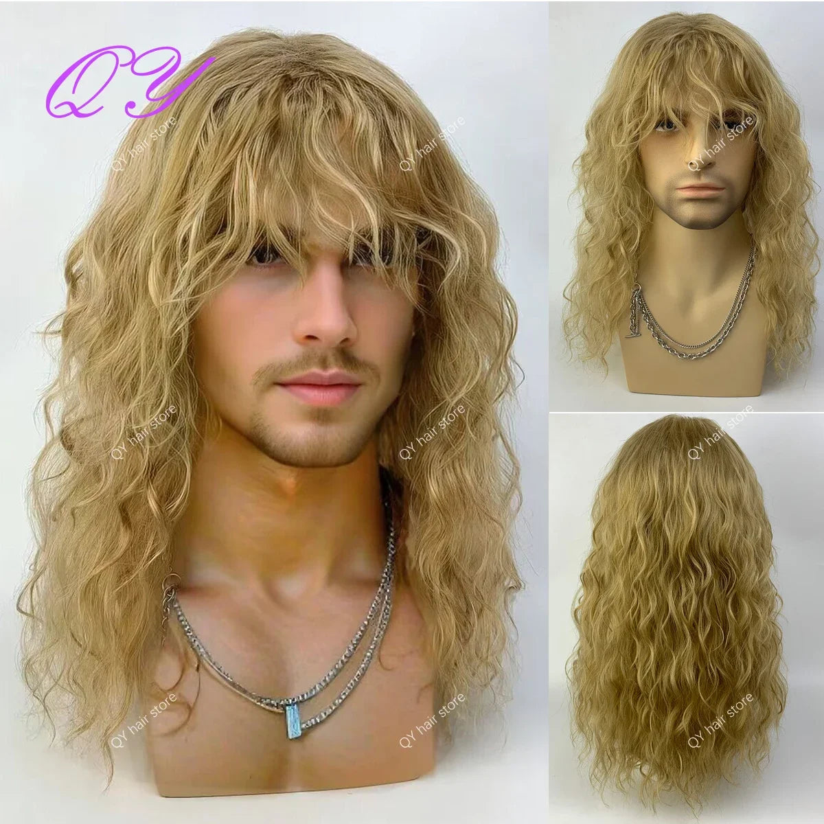 Synthetic Men's Wig Long Brown Natural Curly Rock Man Wig