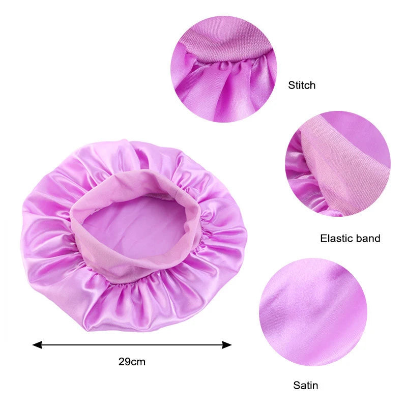 2022 New Kids Satin Bonnet Wide Elastic Band Sleep Cap Hair Bonnet Silky Shower Caps for Girls Toddler Child