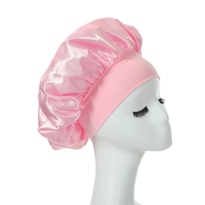 Women Sleeping Caps Bathroom Satin Solid Color Stretch Bonnets Hair Hat for Daily Use and Beauty